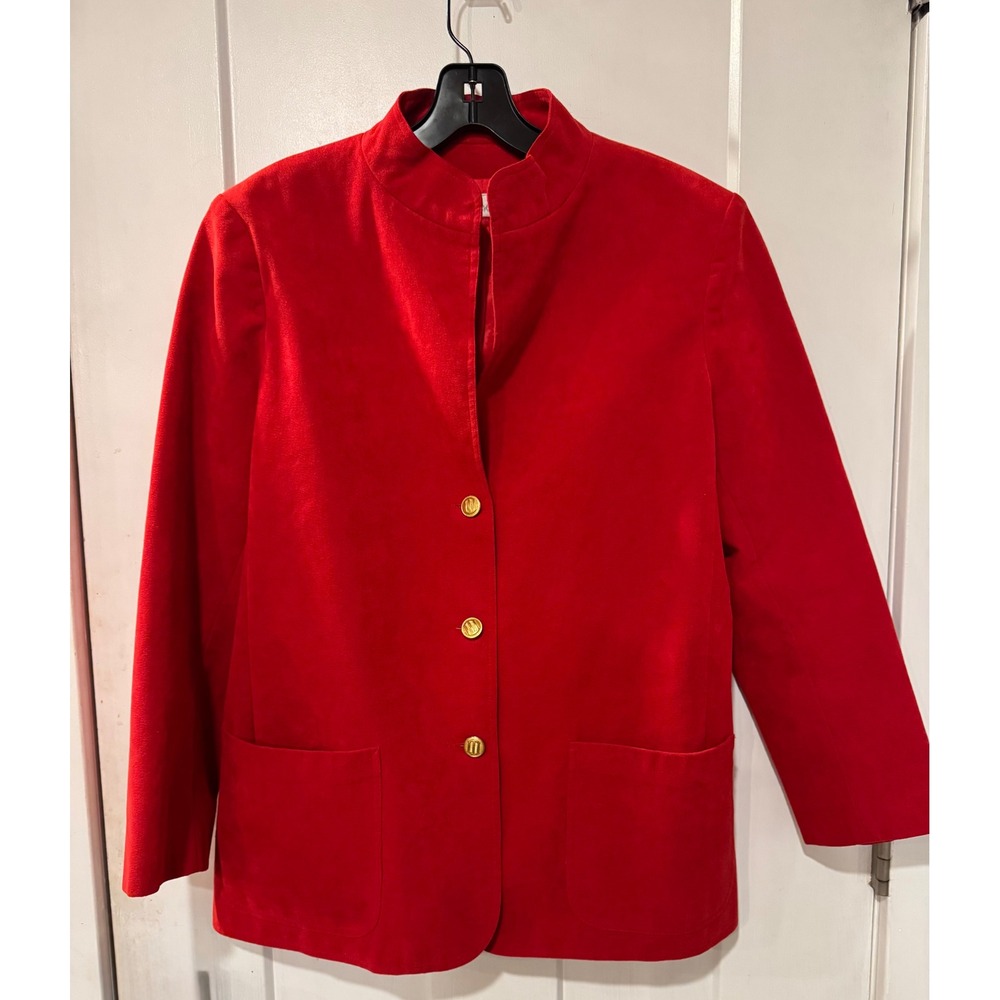 Frederick & Nelson Vintage Red Mandarin Collar Blazer Gold Crest Buttons Jacket